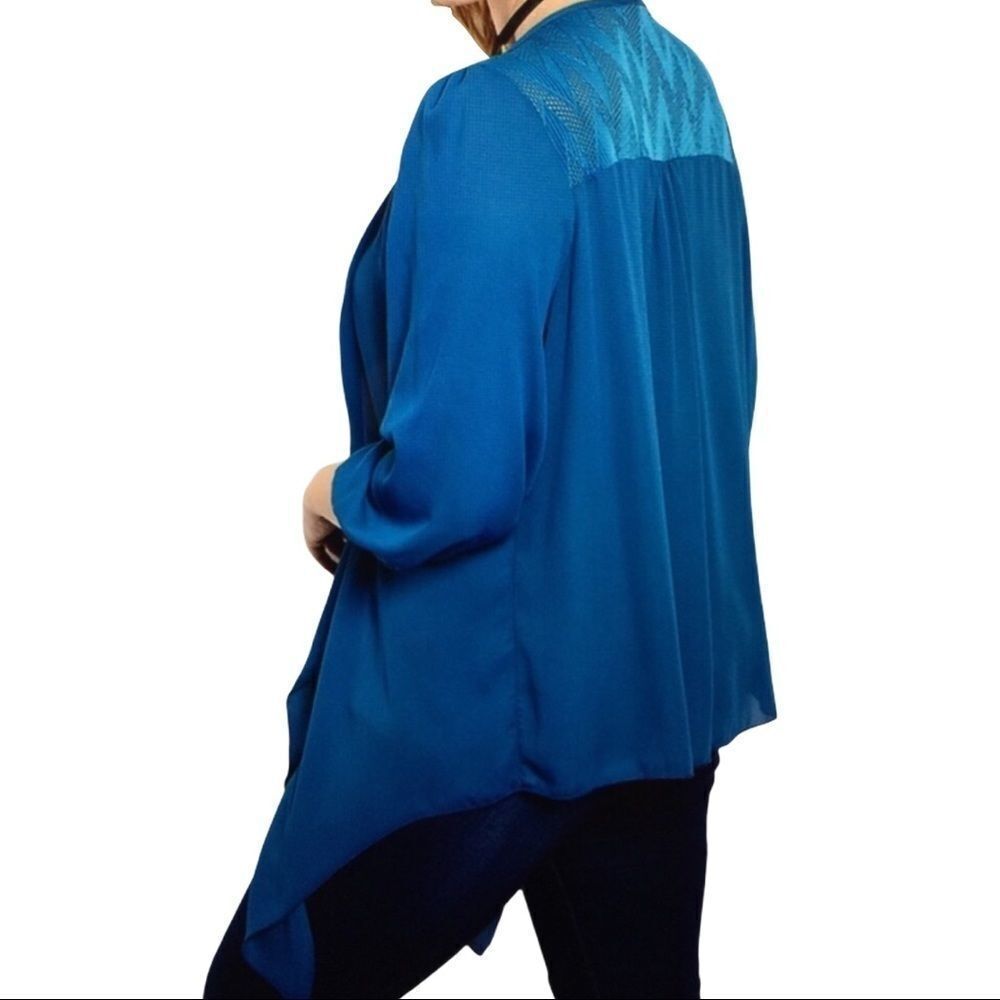 Teal Blue Hi Low Open Front Tribal Detail Year Round Lightweight Cardigan NEW